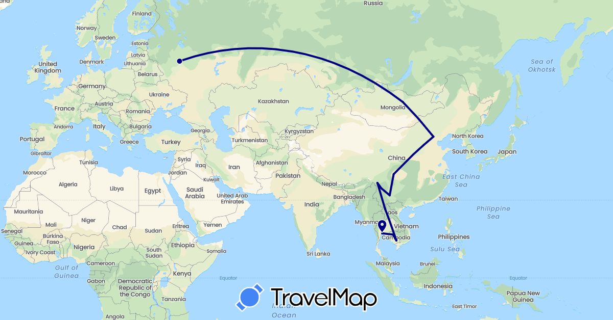 TravelMap itinerary: driving in China, Cambodia, Laos, Mongolia, Russia, Thailand (Asia, Europe)